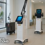 Modern Aesthetic Laser Machines Displayed In A Bright, Minimal Clinic Showroom, With Aesthetics Distributions Branding